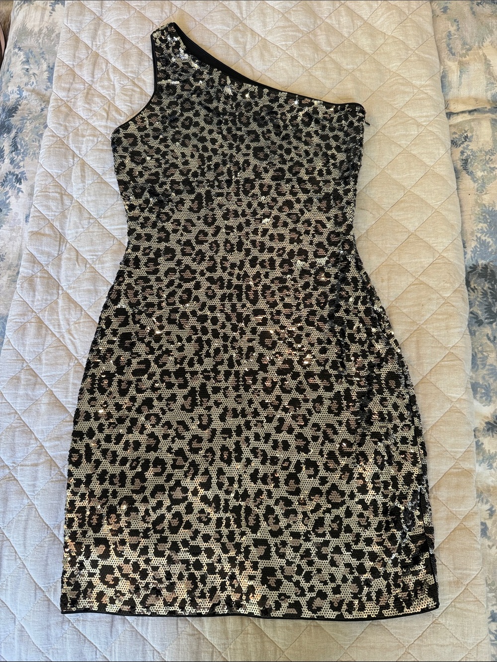 Michael Kors Black and Silver One-Shoulder Sequin Leopard Cocktail Dress